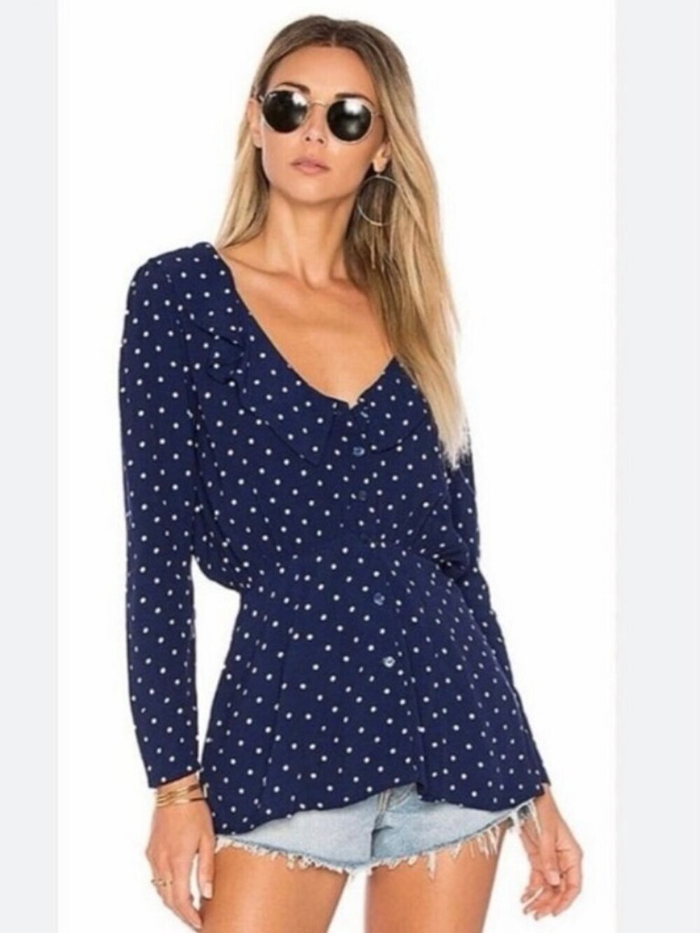 Auguste The Label Lilly Navy Blue Polka Dot Ruffle Blouse Size 2